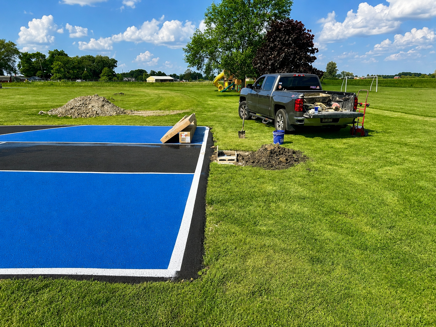 Basketball hoop installation site with dug footing hole beside a court.