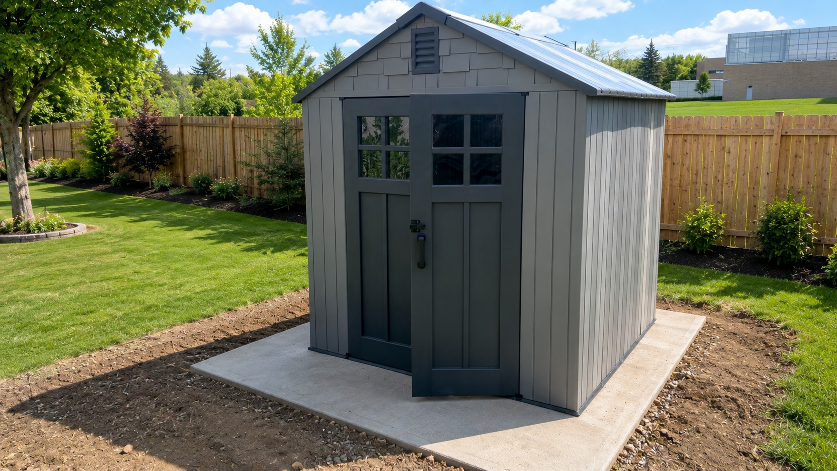 Completed backyard storage shed on a pad