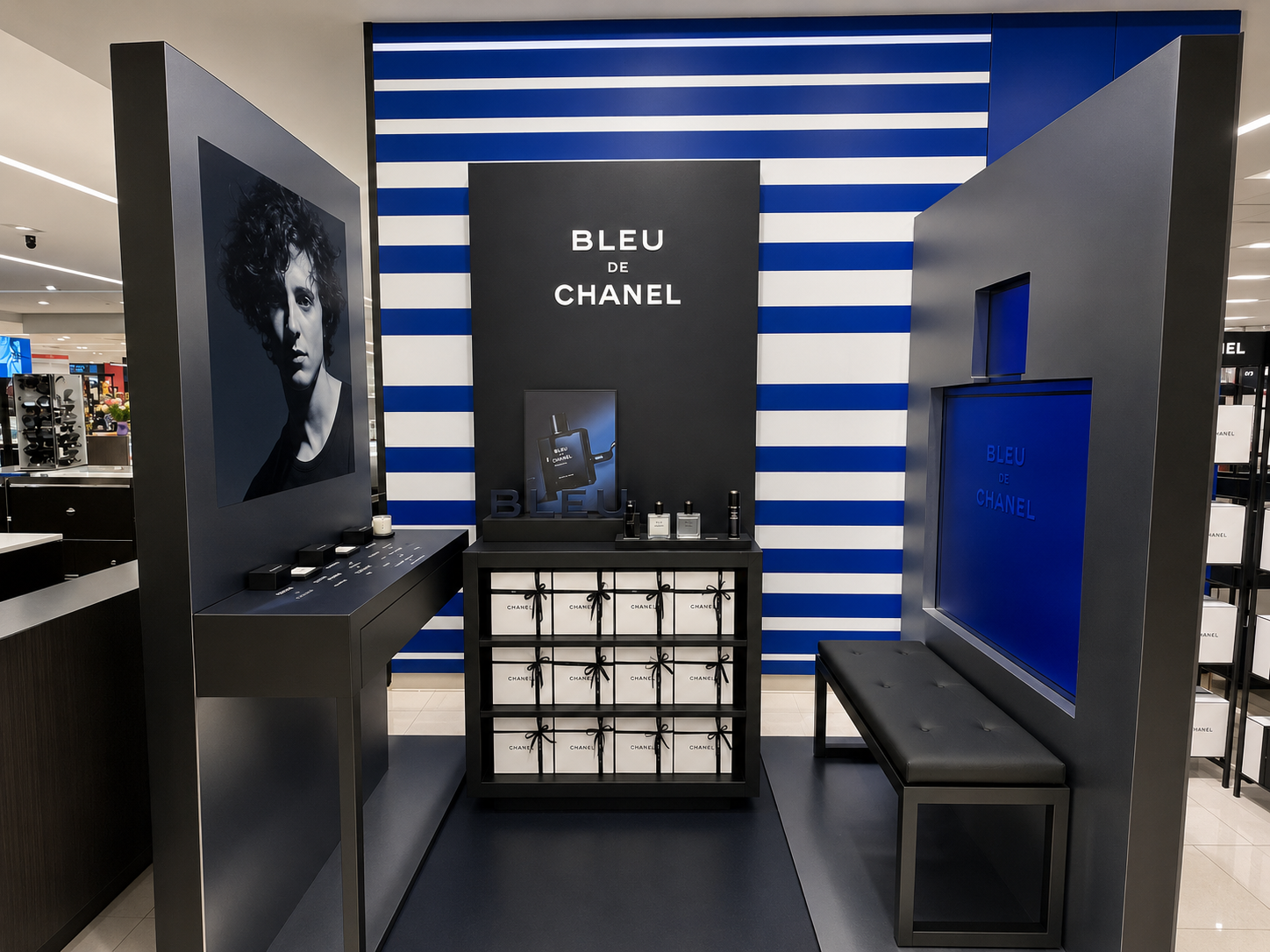 Installed retail display fixture in a commercial store setting.